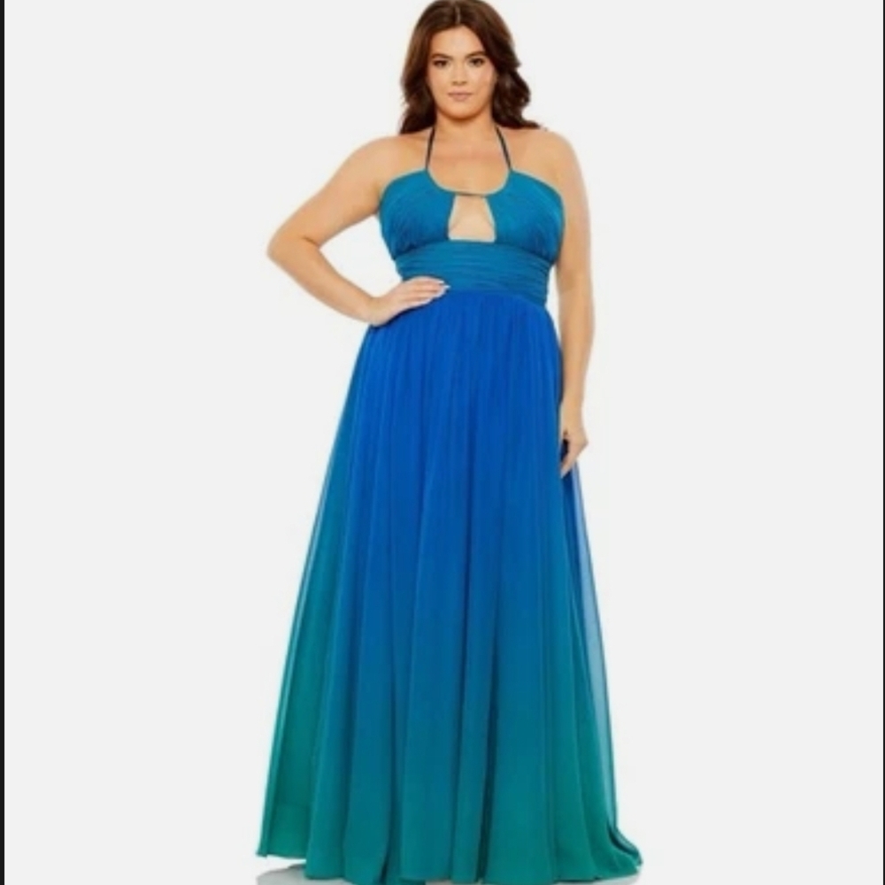 NWT Mac Duggal Teal and Blue Halter Maxi Dress